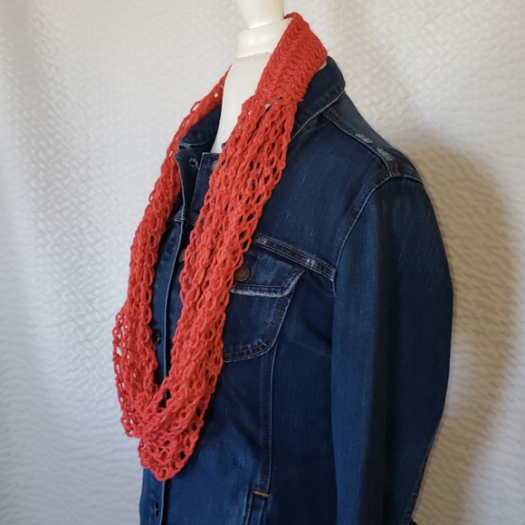 Handmade Knitted Headband Scarf Set. Coral Salmon - Picture 4 of 7